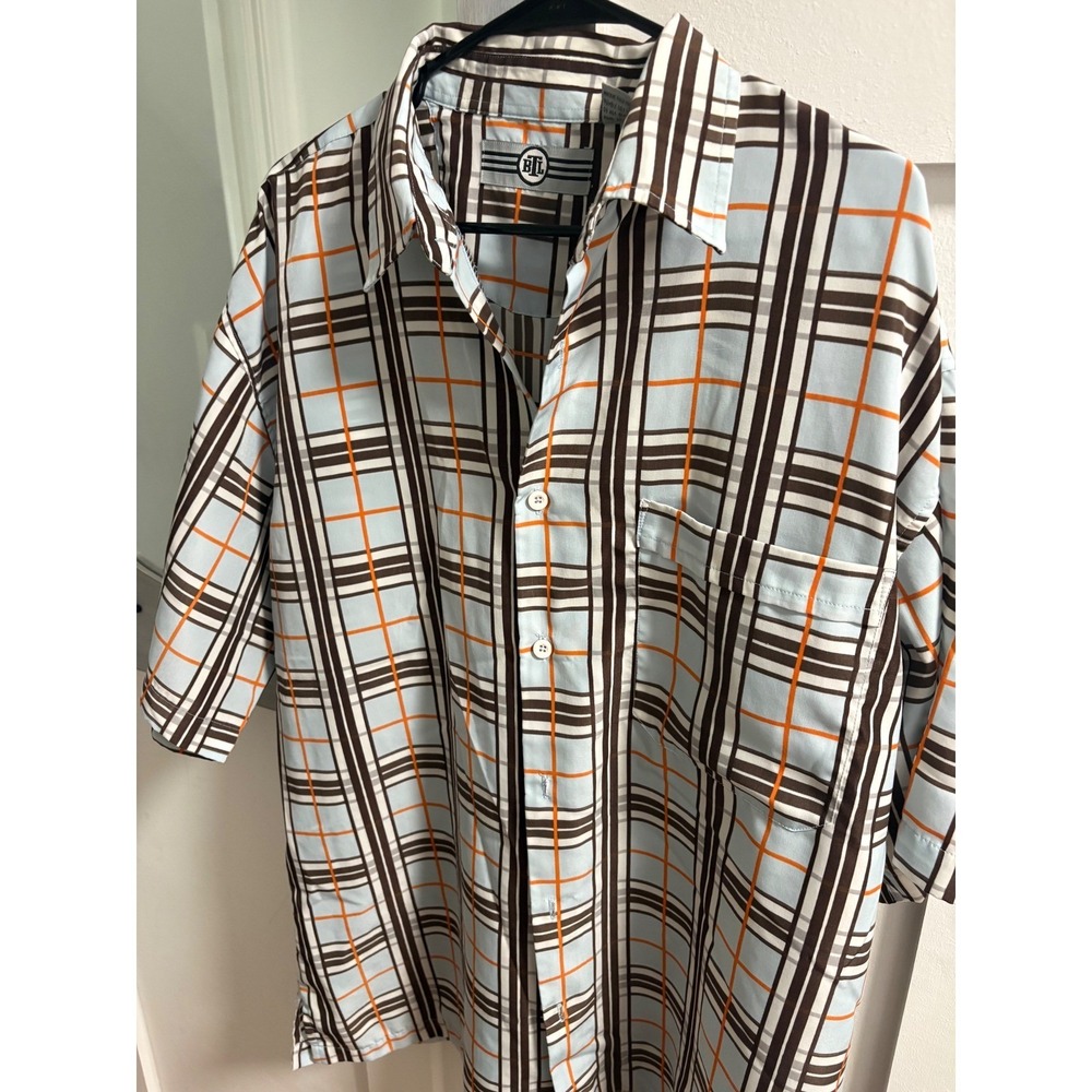 BTL Mens Plaid Short Sleeve Button Down Shirt Blue Brown Orange Large